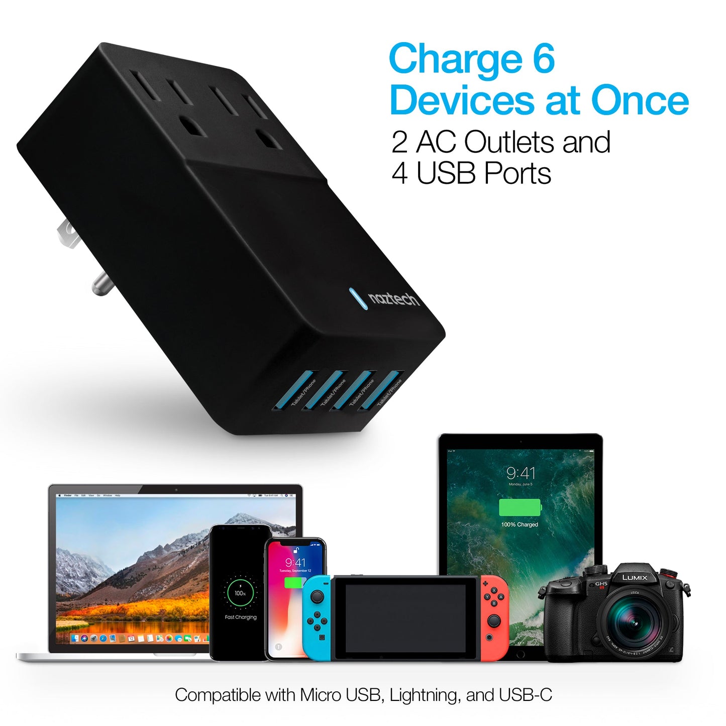 Naztech Fast Multi-Device Charger- 2 Outlets + 4 USB Port