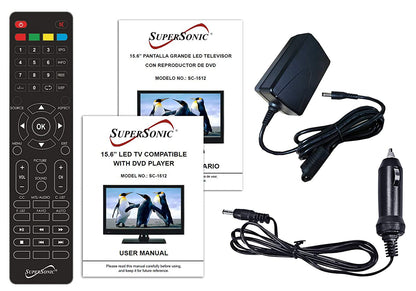 Supersonic 15.6" 12 Volt ACDC LED HDTV with DVD Player, USB, SD Card Reader and HDMI (SC-1512)