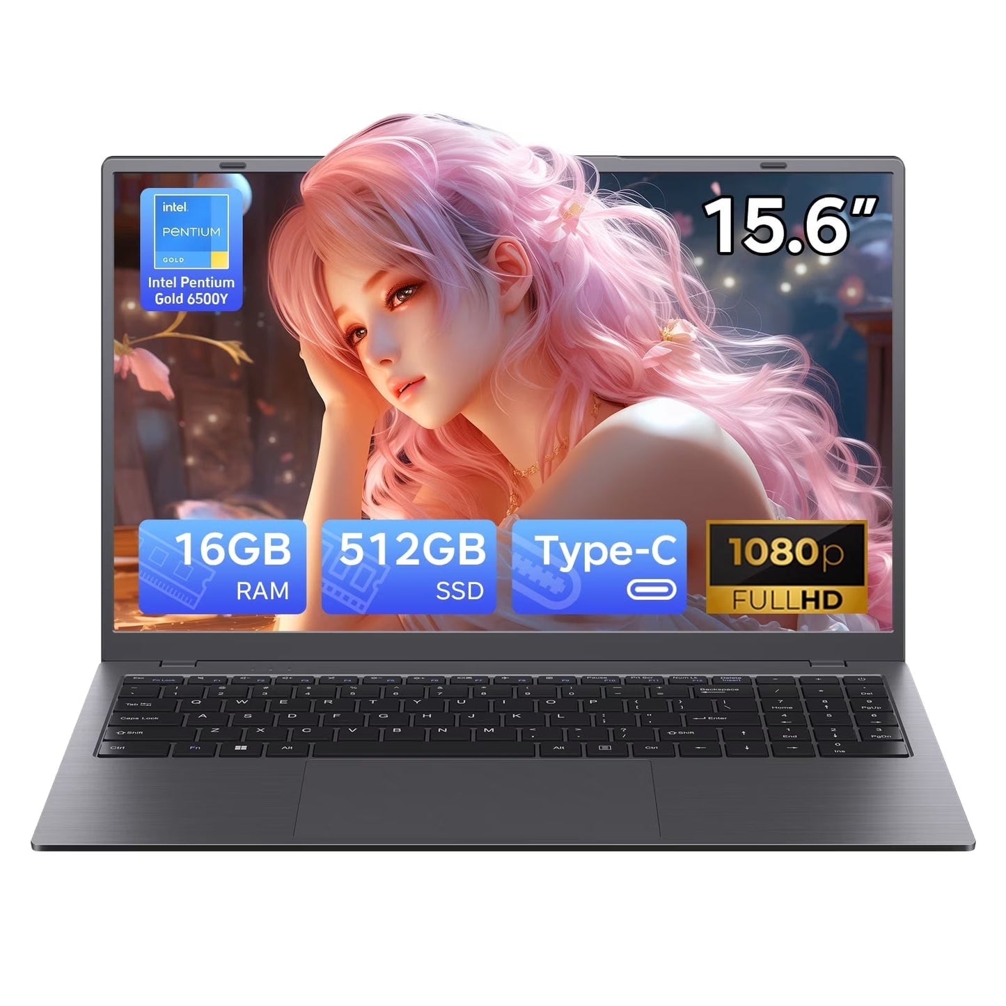 RNRUO 15.6" Windows 11 Laptop, 32GB RAM 512GB SSD, Intel Pentium Gold 6500Y up to 3.4Ghz with Office 2024 1920*1080 IPS FHD Display for Student, Home Office, Business, Dard Gray